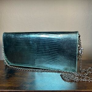 RARE Christian Dior Metallic Blue/Green Lizard Clutch with Chain Strap